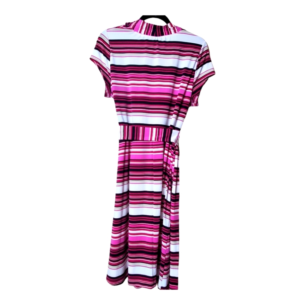 Liz Claiborne Striped Wrap Dress Large L Polyester Spandex Tie Waist Work - Picture 6 of 9